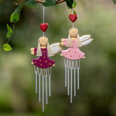 Petite Stars,'Pair of Fairy-Shaped Wood and Natural Fiber Wind Chimes'
