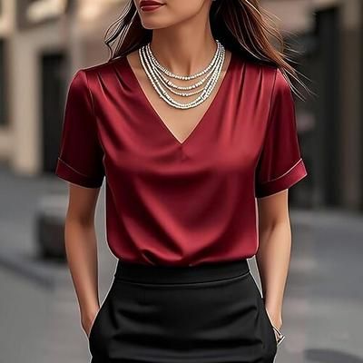 Per donna Camicia Tinta unica Elegante Bohemien Vintage Manica Corta Scollo a V Top Regolari Quotidiano Nero Bianco Rosso Beige Estate