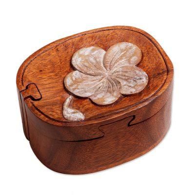 Soft Frangipani,'Hand-Painted Suar Wood Puzzle Box'