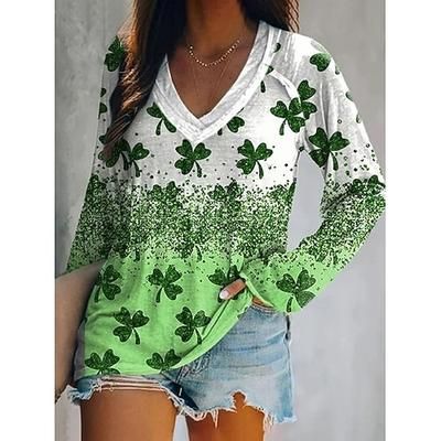 Festa di San Patrizio Per donna Maglietta Grafico Piante Elegante Classico Casual Manica Lunga Scollo a V Top Regolari Quotidiano Uscire Weekend Stampato Bianco Verde scuro Verde Estate Primavera
