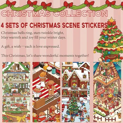 4 Sets of Christmas Scene Stickers 3D Pop-Up Miniature Holiday Scene Stickers DIY Stress-Relieving Street Scene House Decals