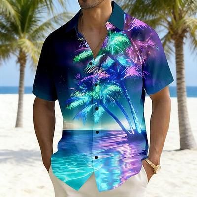 Per uomo Albero di Cocco Piante Tropicali Bagliore al neon Camicia Camicie hawaiane Camicia Aloha Manica Corta Hawaiano Vacanza Abbigliamento mare Estate Collo ripiegato Stampa 3D Una tasca anteriore