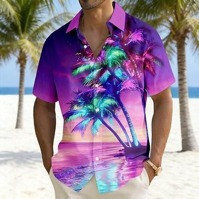 Per uomo Albero di Cocco Piante Tropicali Bagliore al neon Camicia Camicie hawaiane Camicia Aloha Manica Corta Hawaiano Vacanza Abbigliamento mare Estate Collo ripiegato Stampa 3D Una tasca anteriore