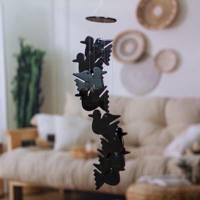 'Whimsical Hand-Carved Natural Black Onyx Dove-Themed Mobile'