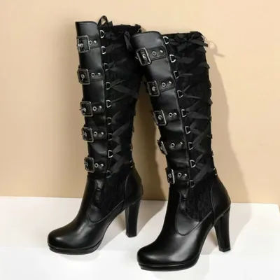 Rivets boucle de ceinture épais talons hauts mi-mollet bottes femmes automne printemps chaussures longues croisées femme rétro boucle de ceinture bottes hautes