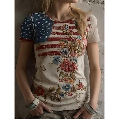 Giorno dell'Indipendenza Maglietta Patriottica Donne Grafica Bandiera Vintage Elegante Classico Maniche Corte Collo Rotondo V Collo Tops Regolari Quotidiani Stampa off-white Estate Primavera Autunno