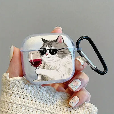 Lunettes chat boire motif vin rouge pour Apple Airpods Pro3/Pro2/Pro étui pour écouteurs Transparent Airpods 1/2/3/4 housse de protection