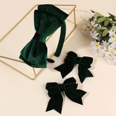 1 Large Velvet Bow Headband With 2 Hair Clips For Girls Vintage Solid Adjustable Hair Hoop Hairband Women Daily Hair Accessories