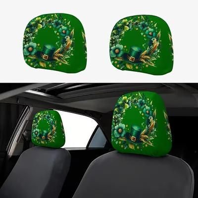 Copri poggiatesta per auto con trifoglio verde, 2 pezzi adatti a tutti i veicoli, neri stampa trifoglio verde, design piatto 2D, poliestere, facile da installare - accessori auto per il giorno di