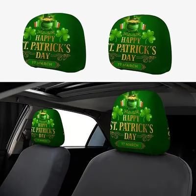 Copri poggiatesta per auto con trifoglio verde, 2 pezzi adatti a tutti i veicoli, neri stampa trifoglio verde, design piatto 2D, poliestere, facile da installare - accessori auto per il giorno di