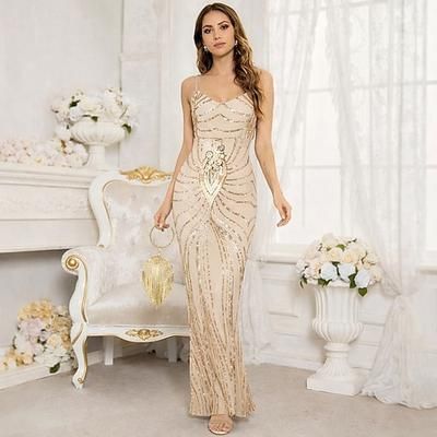 Anni Ruggenti Anni 1920 Lunghezza alla caviglia Vestito Nozze Addio al celibato Senza maniche Il grande Gatsby Invitato al matrimonio Paillettes Scollo a V Costume Per donna Natale Carnevale