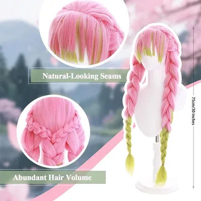 Anime Mitsuri Kanroji‌ Cosplay Synthetic Hair With Bangs 30-Inch Pinkish-Green Gradient Three-Strand Braid Halloween Party Wig