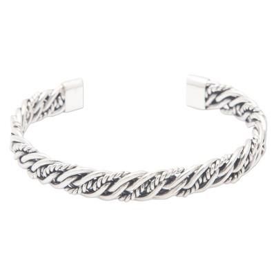 Classic Encounters,'Polished Sterling Silver Cuff Bracelet with Rope Details'