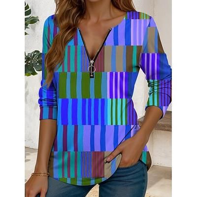 Per donna Maglietta Cerniera Stampato Grafico Geometrico Vintage Elegante Casual Manica Lunga Girocollo Top Regolari Quotidiano Blu Viola Arancione Verde Estate Primavera