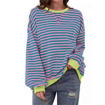 Décontracté rayé t petit haut dame mode à manches longues col rond pull t-shirts amples hauts pour femmes printemps automne femmes vêtements