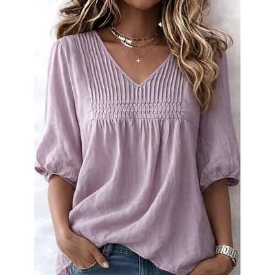 Per donna Camicia Camicie effetto lino Tinta unica Semplice Vintage Elegante Scollo a V Top Regolari Blu Bianco Rosa Viola chiaro Estate Primavera