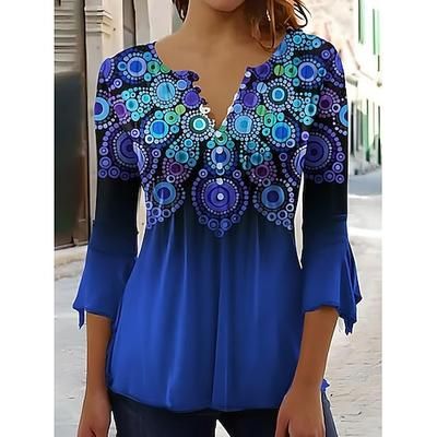 T-Shirt Donna Ombre Grafica Floreale Elegante Vintage Stile Manica 3/4 Collo a V Top Lunghi Giornalieri Uscita Bottoni Blu Verde Blu Rosa Estate Primavera