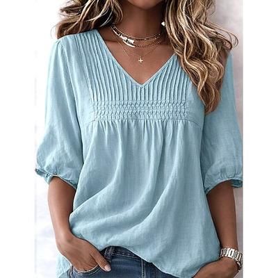 Per donna Camicia Camicie effetto lino Tinta unica Semplice Vintage Elegante Scollo a V Top Regolari Blu Bianco Rosa Viola chiaro Estate Primavera