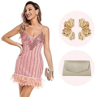 Anni Ruggenti Anni 1920 Mini Nozze Addio al celibato Abito Flapper Senza maniche Il grande Gatsby Invitato al matrimonio Paillettes Piuma Scollo a V Costume Per donna Natale Carnevale Mascherata
