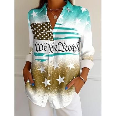 Giorno dell'Indipendenza Camicia Blusa Patriottica da Donna Grafica Bandiera Vintage Quotidiana Elegante Maniche Lunghe Collo Camicia Magliette Regolari Quotidiane Bottoni Stampa Giallo Rosso Viola