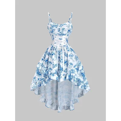 Robe bouffante taille haute, imprimé floral bleu et blanc, bretelles spaghetti, col en cœur
