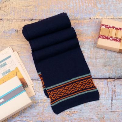 Indigo Andes,'Knit Classic Indigo and Orange 100% Baby Alpaca Scarf'