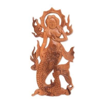 'Hand-Carved Wood South Sea Queen Mermaid Relief Panel'
