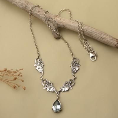 '6.5-Carat Blue Topaz Silver Pendant Necklace with Leaf Motif'