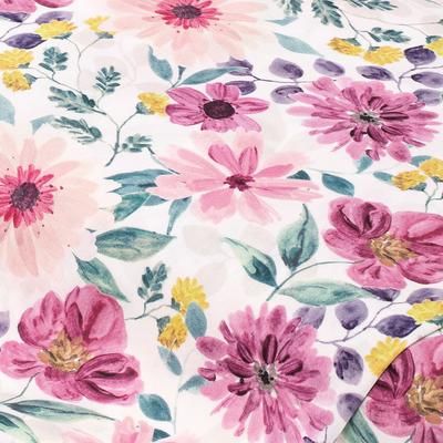 Tissu coton "fleurs roses", blanc/coloré