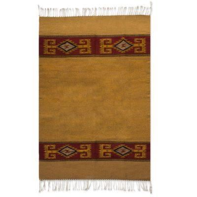 Four Suns,'Brown and Yellow Handwoven Zapotec Area Rug (4x6.5)'
