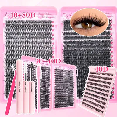 200/720PCS Eyelash Cluster Kit With Bonding Glue, Tweezers Brush Beginner-Friendly Soft & Long-Lasting for Daily & Party Makeup