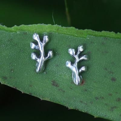 'Coral Branch-Themed Polished Silver Stud Earrings from Bali'