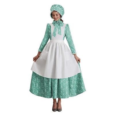 250° anniversario USA 19° secolo anni 1800 Abito da prateria Set cuffia e grembiule Lunghe Ragazza pioniera Coloniale Pioniere Guerra rivoluzionaria Floreale Linea ad A Costume Per donna Halloween