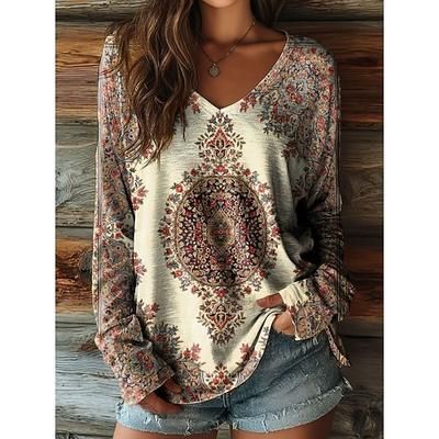 T-shirt Boho da donna Grafica Floreale Piante Vintage Elegante Casual Maniche Lunghe Collo a V Top Regolari Da Giorno Weekend Spiaggia Indossare Stampa Grigio Nero Beige Estate Primavera
