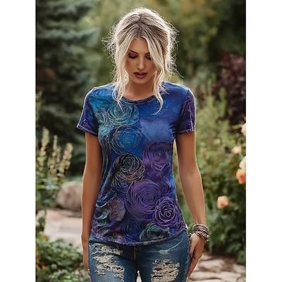 Per donna Maglietta Stampato Floreale Grafico Vintage Elegante Classico Manica Corta Girocollo Top Regolari Quotidiano Weekend Blu Reale Viola Estate Primavera