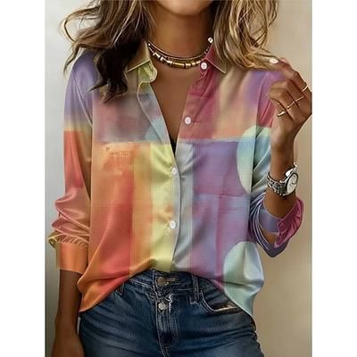 Per donna Camicia Grafico Geometrico Blocco di colori Vintage Elegante Moderno Manica Lunga Colletto a Camicia Top Regolari Quotidiano Ferie Viola chiaro Arancione Verde Estate Primavera