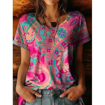 T-shirt Boho da donna Grafica Floreale Piante Vintage Elegante Casual Maniche Corte Collo a V Top Regolari Da Giorno Weekend Ricamata Stampa Blu Verde Chiaro Rosso Rosa Pink Estate Primavera
