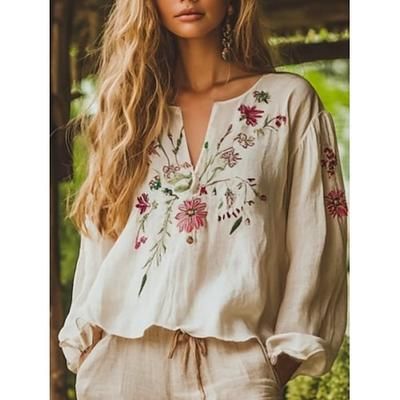 Per donna Camicia Camicia Boho Blusa Stampato Floreale Grafico Vintage Quotidiano Elegante Manica Lunga Scollo a V Top Regolari Quotidiano Ferie Beige Estate Primavera