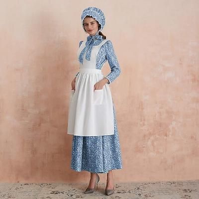 250° anniversario USA 19° secolo anni 1800 Abito da prateria Set cuffia e grembiule Lunghe Ragazza pioniera Coloniale Pioniere Guerra rivoluzionaria Floreale Linea ad A Costume Per donna Halloween