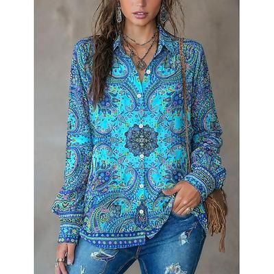 Per donna Camicia Bottoni Stampato Grafico Paisley Vintage Elegante Moderno Manica Lunga Colletto a Camicia Top Regolari Quotidiano Blu Rosso Arancione Verde Estate Primavera