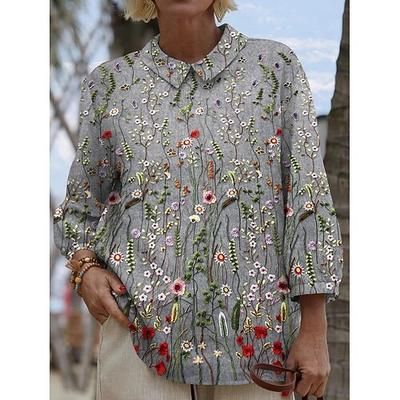 Per donna Blusa Bottoni Stampato Floreale Grafico Vintage Quotidiano Elegante Manica Lunga Colletto a Camicia Top lunghi Quotidiano Blu Rosa Grigio Estate Primavera