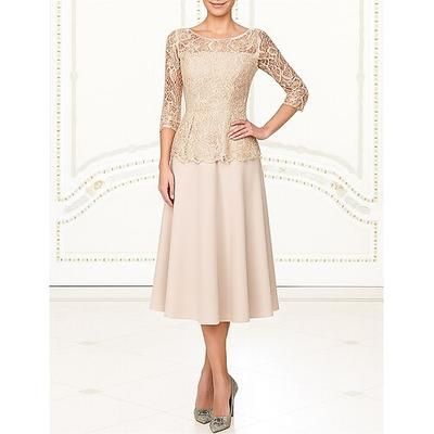 Abito da festa a lunghezza tè A-Line Abito da cocktail Abito per ospiti di matrimonio Abito per la madre della sposa Manica a 3/4 Collo rotondo Elegante Vintage Formale Pizzo con Pizzo
