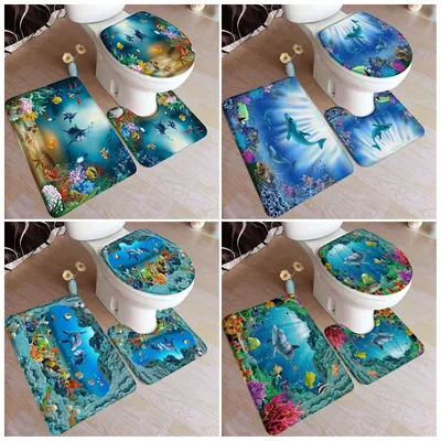 Cartoon Dolphin Bath Mat Set Blue Ocean Coral Fish Underwater Scenery Home Carpet Bathroom Decor Rugs U-shaped Pad Toilet Cover