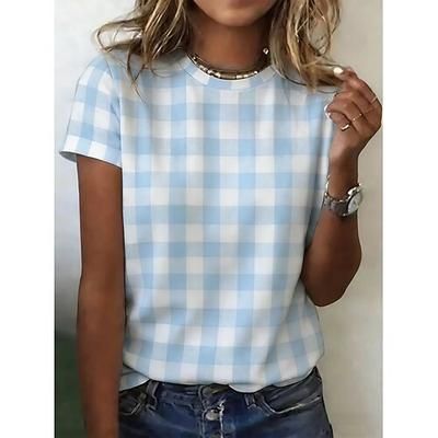 Per donna Maglietta Stampato Grafico Geometrico Plaid Vintage Elegante Classico Manica Corta Girocollo Top Regolari Quotidiano Blu Bianco / blu Rosa Estate Primavera Autunno