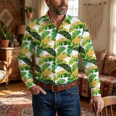 Retrò Vintage Anni '70 Camicia Camicia Aloha Lunghe Hippie Foglia Costume Per uomo Mascherata Festival Musicale Feste Abbigliamento quotidiano Adulti Camicia