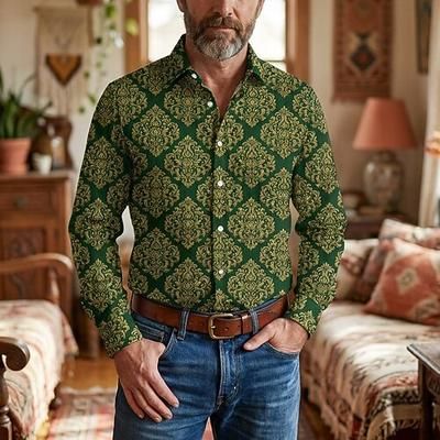 Retrò Vintage Anni '70 Camicia Camicia Aloha Lunghe Hippie Etnico Costume Per uomo Mascherata Festival Musicale Feste Abbigliamento quotidiano Adulti Camicia