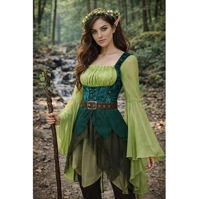 Medievale Rinascimento Vestito Costume di fantasia Elfo Fata Elfico Costume Per donna Fantasia Halloween Carnevale Performance LARP Fiera Rinascimentale Adulti Vestito Cintura