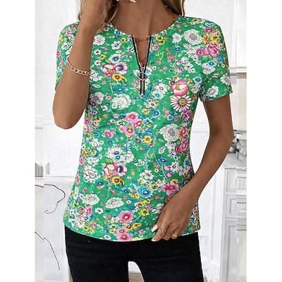 Pasqua Per donna Maglietta Zip a un quarto Floreale Grafico Piante Vintage Tropicale Hawaiano Manica Corta Girocollo Top Regolari Quotidiano Sportivo Uscire Blu Arancione Verde Estate Primavera