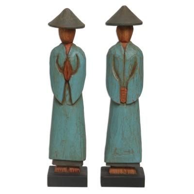 Farmer Greetings,'Handmade Albesia Wood Sculpture Pair Indonesian Farmer'