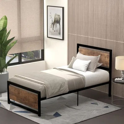 HOMCOM Single Size Metal Bed Frame with Headboard&Footboard,Strong Slat Support Solid Bedstead Base w/ Underbed Storage Space ﻿